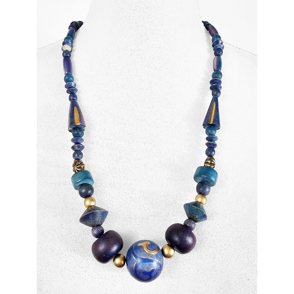 Vintage Colorful Boho Painted Purple Blue Gold 70s 80s 27in Wood Necklace